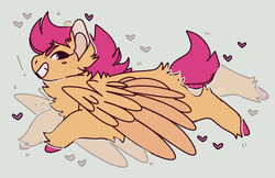 Size: 1360x879 | Tagged: safe, artist:beanieprince, scootaloo, pegasus, pony, g4, female, filly, gray background, grin, heart, looking at you, simple background, smiling, solo, unshorn fetlocks