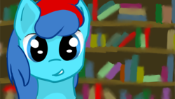 Size: 1909x1080 | Tagged: safe, artist:firemuffin, oc, oc only, oc:shimmer bolt, pony, blue eyes, book, bookshelf, color, library, looking at you, smiling, solo