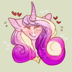 Size: 879x879 | Tagged: safe, artist:beanieprince, princess cadance, alicorn, pony, g4, bust, curved horn, eyes closed, female, gray background, happy, heart, horn, mare, simple background, smiling, solo
