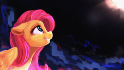 Size: 4800x2700 | Tagged: safe, artist:thefloatingtree, fluttershy, pegasus, pony, g4, bust, female, floppy ears, looking up, mare, night, profile, sky, smiling, solo, stargazing, stars