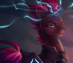 Size: 1024x886 | Tagged: safe, artist:seadraz, tempest shadow, pony, g4, my little pony: the movie, armor, broken horn, electricity, electricity magic, eye scar, female, glowing horn, horn, magic, mare, profile, scar, signature, solo, sparking horn