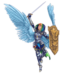 Size: 1200x1255 | Tagged: safe, artist:lizbones, part of a set, rainbow dash, human, g4, armor, commission, crossover, dungeons and dragons, fantasy class, female, humanized, knight, paladin, shield, simple background, solo, sword, transparent background, warrior, weapon, winged humanization, wings