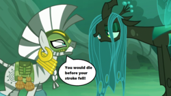 Size: 1280x720 | Tagged: safe, edit, edited screencap, screencap, queen chrysalis, zecora, changeling, changeling queen, g4, season 5, the cutie re-mark, alternate timeline, chrysalis resistance timeline, ear piercing, earring, everfree forest, female, jewelry, legolas, lord of the rings, movie quote, piercing, speech bubble, the two towers