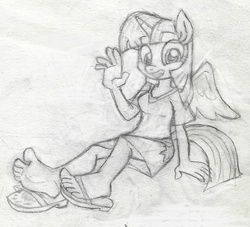 Size: 826x750 | Tagged: safe, artist:dertikleen, twilight sparkle, alicorn, anthro, plantigrade anthro, g4, barefoot, clothes, feet, female, fetish, foot fetish, foot focus, looking at you, monochrome, one shoe off, sandals, sitting, smiling, solo, traditional art, twilight sparkle (alicorn), waving