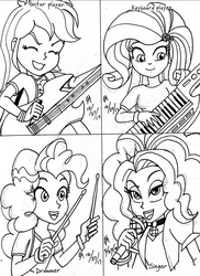 Size: 1888x2592 | Tagged: safe, artist:mayorlight, adagio dazzle, pinkie pie, rainbow dash, rarity, equestria girls, g4, my little pony equestria girls: rainbow rocks, drumsticks, electric guitar, guitar, ink drawing, keytar, microphone, monochrome, musical instrument, traditional art