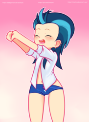 Size: 1152x1584 | Tagged: safe, artist:drantyno, indigo zap, human, equestria girls, g4, belly button, blue underwear, boyshorts, clothes, ear piercing, eyes closed, female, panties, piercing, shirt, smiling, solo, underwear