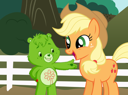 Size: 1010x756 | Tagged: safe, applejack, g4, ashleigh ball, care bears, care bears adventures of care a lot, crossover, oopsy bear, voice actor joke