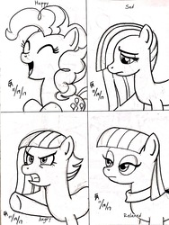Size: 1920x2560 | Tagged: safe, artist:mayorlight, limestone pie, marble pie, maud pie, pinkie pie, earth pony, pony, g4, eyes closed, gritted teeth, ink drawing, monochrome, open mouth, pie sisters, raised hoof, siblings, sisters, traditional art
