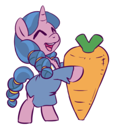 Size: 425x469 | Tagged: artist needed, safe, little violet, pony, unicorn, g4, shadow play, ^^, bipedal, braid, carrot, clothes, cute, dress, eyes closed, female, filly, food, giant carrot, giant food, hoof hold, robe, simple background, smiling, solo, white background