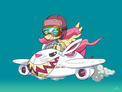 Size: 7600x5782 | Tagged: safe, artist:docwario, angel bunny, fluttershy, pegasus, pony, g4, absurd resolution, aviator goggles, aviator hat, curtiss-wright corporation, fighter pilot, flying, goggles, grin, hat, inanimate tf, jet, jet fighter, p-40 warhawk, pilot, plane, sky, smiling, smoke, transformation