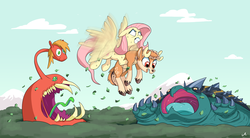 Size: 9600x5280 | Tagged: safe, artist:docwario, fluttershy, oc, oc:willowtree, deer, pegasus, pony, g4, absurd resolution, bush, carrying, flying, monster, sweat