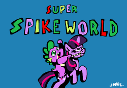 Size: 997x695 | Tagged: safe, artist:docwario, spike, twilight sparkle, dragon, pony, g4, crossover, dragons riding ponies, parody, riding, simple background, spike riding twilight, super mario bros., super mario world, title screen, unamused