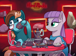 Size: 7600x5600 | Tagged: safe, artist:docwario, maud pie, oc, oc:hovering electron, earth pony, pony, g4, absurd resolution, cafe, canon x oc, cup, female, food, glasses, hard rock cafe, male, mare, nervous, rock, rock soup, sitting, soup, stallion, sugarcube, sweat, table, tea, teacup, teapot