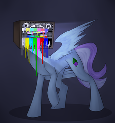 Size: 1574x1690 | Tagged: artist needed, safe, oc, oc only, oc:peppermint crunch, pegasus, pony, creepy, female, light source, mare, nightmare fuel, solo, television, test card, wat