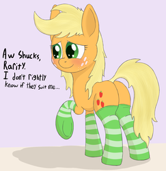 Size: 2337x2405 | Tagged: safe, artist:zaponator, applejack, earth pony, pony, g4, alternate hairstyle, blushing, butt, clothes, female, freckles, high res, implied lesbian, implied rarijack, implied shipping, looking back, loose hair, mare, missing accessory, plot, raised hoof, socks, solo, striped socks, underhoof