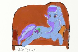 Size: 960x640 | Tagged: safe, artist:slyfoxxx, oc, oc only, oc:peppermint crunch, couch, draw me like one of your french girls, female, mare