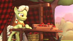 Size: 1920x1080 | Tagged: safe, artist:neondion60, granny smith, earth pony, pony, g4, 3d, apple, basket, female, food, solo, source filmmaker, tent, young granny smith, younger