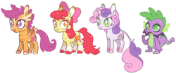 Size: 1033x438 | Tagged: safe, artist:xenon, apple bloom, scootaloo, spike, sweetie belle, bearded dragon, classical unicorn, dragon, earth pony, pegasus, pony, unicorn, g4, alternate cutie mark, alternate design, chest fluff, cloven hooves, coat markings, colored hooves, colored wings, cutie mark, cutie mark crusaders, extra fluffy, female, filly, frills, horn, leonine tail, male, redesign, simple background, socks (coat markings), tail feathers, the cmc's cutie marks, unshorn fetlocks, white background