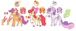 Size: 2498x1030 | Tagged: safe, artist:xenon, apple bloom, scootaloo, sweetie belle, classical unicorn, earth pony, pegasus, pony, unicorn, g4, alternate cutie mark, alternate design, chest fluff, cloven hooves, coat markings, colored hooves, colored wings, colored wingtips, cutie mark, cutie mark crusaders, extra fluffy, female, filly, glowing horn, horn, leonine tail, magic, redesign, simple background, socks (coat markings), tail feathers, the cmc's cutie marks, unshorn fetlocks, white background