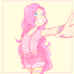 Size: 2000x2000 | Tagged: safe, artist:biscuitloveskitty, pinkie pie, human, g4, clothes, female, high res, hot pants, humanized, smiling, socks, solo, striped socks, suspenders