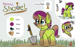 Size: 1200x750 | Tagged: safe, artist:glimglam, oc, oc only, oc:apparently shovel, :t, bandana, cute, dirt, dirty, ear fluff, female, filly, mute, ocbetes, reference sheet, shower, tape
