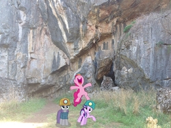 Size: 1024x765 | Tagged: safe, artist:didgereethebrony, maud pie, pinkie pie, starlight glimmer, g4, australia, borenore caves, cave, didgeree collection, helmet, irl, mining helmet, mlp in australia, photo, ponies in real life, vector