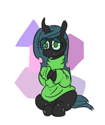 Size: 426x507 | Tagged: safe, artist:jargon scott, queen chrysalis, changeling, changeling queen, g4, adorkable, clothes, cute, cutealis, dork, dorkalis, female, glasses, sitting, solo, sweater