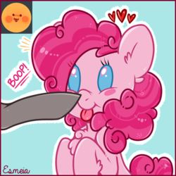 Size: 512x512 | Tagged: safe, artist:esmeia, pinkie pie, earth pony, pony, g4, beady eyes, blush sticker, blushing, boop, bust, cheek fluff, chest fluff, cute, diapinkes, ear fluff, emoji, emoticon, female, fluffy, leg fluff, mare, offscreen character, simple background, solo focus, tongue out