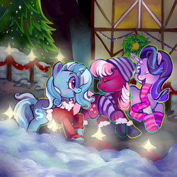 Size: 800x800 | Tagged: safe, artist:blynxee, cheerilee, starlight glimmer, trixie, earth pony, pony, unicorn, g4, boots, christmas, christmas tree, clothes, eyes closed, female, hearth's warming, holiday, mare, one eye closed, scarf, shoes, smiling, snow, tree, walking, winter