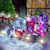 Size: 800x800 | Tagged: safe, artist:blynxee, cheerilee, starlight glimmer, trixie, earth pony, pony, unicorn, g4, boots, christmas, christmas tree, clothes, eyes closed, female, hearth's warming, holiday, mare, one eye closed, scarf, shoes, smiling, snow, tree, walking, winter