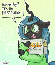Size: 1344x1600 | Tagged: safe, artist:dsp2003, queen chrysalis, changeling, g4, adorkable, alpha edition, blushing, card game, clothes, cute, cutealis, dialogue, dork, dorkalis, female, floppy ears, glasses, happy, loss (meme), magic the gathering, mare, meganekko, open mouth, smiling, solo