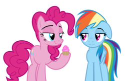 Size: 6458x4204 | Tagged: safe, artist:kuren247, pinkie pie, rainbow dash, g4, absurd resolution, cupcake, duo, floppy ears, food, simple background, transparent background, unamused, vector