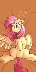 Size: 1181x2362 | Tagged: safe, artist:passigcamel, fluttershy, pegasus, pony, g4, blushing, female, looking away, looking sideways, mare, on back, one wing out, shy, solo, spread legs, spreading, turned head, underhoof