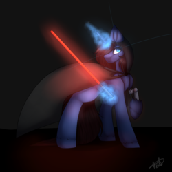 Size: 1000x1000 | Tagged: safe, artist:umiimou, oc, oc only, pony, robot, robot pony, unicorn, cloak, clothes, female, lightsaber, magic, mare, solo, star wars, weapon