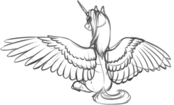 Size: 1024x620 | Tagged: safe, artist:mythpony, oc, oc only, oc:myth, alicorn, pony, alicornified, female, mare, monochrome, race swap, sitting, sketch, solo, spread wings, wings