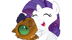 Size: 1600x900 | Tagged: safe, artist:magpie-pony, capper dapperpaws, rarity, g4, my little pony: the movie, babity, baby, capperbetes, chest fluff, cuddling, cute, raribetes, simple background, time paradox, transparent background, vector, watermark, younger