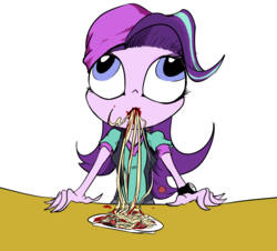 Size: 1558x1406 | Tagged: safe, artist:backgrounds-ponies, artist:feathersandgumdrops, starlight glimmer, human, equestria girls, g4, eating, female, food, pasta, solo, spaghetti