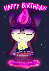 Size: 662x960 | Tagged: safe, artist:princesketchy, moondancer, pony, unicorn, g4, birthday cake, cake, eyes closed, female, food, glasses, glowing horn, horn, magic, mare, smiling, solo