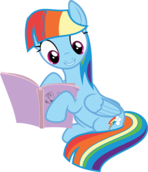 Size: 3000x3484 | Tagged: safe, artist:sollace, rainbow dash, pegasus, pony, g4, the lost treasure of griffonstone, .svg available, alternate hairstyle, book, cute, egghead, egghead dash, female, high res, impersonating, mane swap, manebow sparkle, rainbow dash is best facemaker, reading, show accurate, simple background, sitting, smiling, solo, transparent background, vector