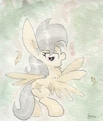 Size: 692x813 | Tagged: safe, artist:slightlyshade, daring do, pegasus, pony, g4, feather, female, looking at you, mare, open mouth, rearing, solo, spread wings, traditional art, watercolor painting, wings