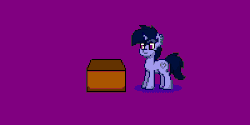 Size: 600x300 | Tagged: safe, artist:php142, oc, oc only, oc:ponepony, oc:purple flix, earth pony, pony, unicorn, pony town, :|, animated, blinking, box, cardboard box, cute, derp, eye contact, female, jumping, looking at each other, male, mare, ocbetes, open mouth, pony in a box, purple background, running, scared, shaking, simple background, stallion, wide eyes, yo