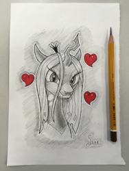 Size: 950x1265 | Tagged: safe, artist:stink111, queen chrysalis, changeling, changeling queen, g4, bust, female, heart, monochrome, partial color, portrait, solo, traditional art