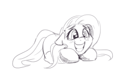 Size: 687x452 | Tagged: safe, artist:alcor, fluttershy, pegasus, pony, g4, animated, behaving like a dog, blushing, butt shake, crying, cute, daaaaaaaaaaaw, excited, eye shimmer, faic, female, floppy ears, flutterdog, grin, lemme smash, mare, monochrome, prone, shyabetes, simple background, smiling, solo, squee, white background