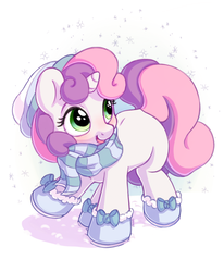 Size: 1050x1275 | Tagged: safe, artist:bobdude0, sweetie belle, pony, unicorn, g4, bundled up for winter, clothes, cute, diasweetes, female, filly, hnnng, hoof shoes, scarf, shoes, smiling, snow, snowfall, solo, weapons-grade cute, winter outfit