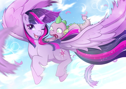 Size: 4092x2893 | Tagged: safe, artist:darcelleart, spike, twilight sparkle, alicorn, dragon, pony, g4, cloud, duo, feather, female, flying, frightened, male, mare, one eye closed, open mouth, sky, spread wings, twilight sparkle (alicorn), varying degrees of want, wings, wink