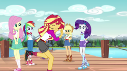 Size: 1280x720 | Tagged: safe, screencap, applejack, fluttershy, rainbow dash, rarity, sunset shimmer, equestria girls, g4, my little pony equestria girls: legend of everfree, camp everfree logo, camp everfree outfits, clothes, converse, embrace the magic, eyes closed, female, high heels, lake, open mouth, pier, shoes, shorts, singing, skirt, tank top, twirl