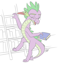 Size: 1872x1924 | Tagged: safe, artist:camo-pony, spike, dragon, g4, book, bookshelf, glasses, ladder, male, older, older spike, quill, simple background, solo