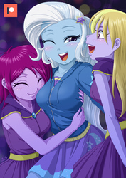 Size: 707x1000 | Tagged: safe, artist:uotapo, fuchsia blush, lavender lace, trixie, equestria girls, g4, my little pony equestria girls: rainbow rocks, background human, blushing, breasts, busty trixie, clothes, cute, diatrixes, eyes closed, female, friendshipping, hairpin, hoodie, hug, one eye closed, open mouth, patreon, patreon logo, skirt, smiling, trio, trixie and the illusions, trixie gets all the mares, wink, zipper