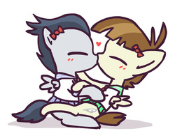 Size: 548x433 | Tagged: safe, anonymous artist, featherweight, rumble, pegasus, pony, g4, blushing, clothes, colt, crossdressing, duo, foal, gay, heart, kiss on the lips, kissing, male, ribbon, rumbleweight, school uniform, shipping