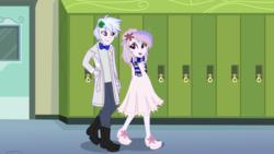 Size: 9000x5063 | Tagged: safe, artist:limedazzle, oc, oc only, equestria girls, g4, absurd resolution, canterlot high, clothes, commission, equestria girls-ified, flower, flower in hair, hallway, lockers, pants, show accurate